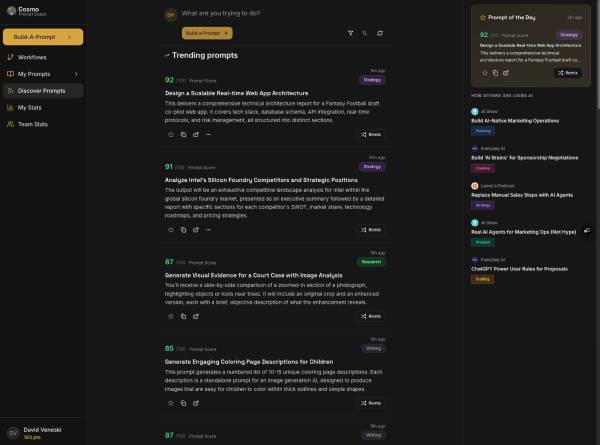 Cosmo home screen with prompt input and quick-start actions